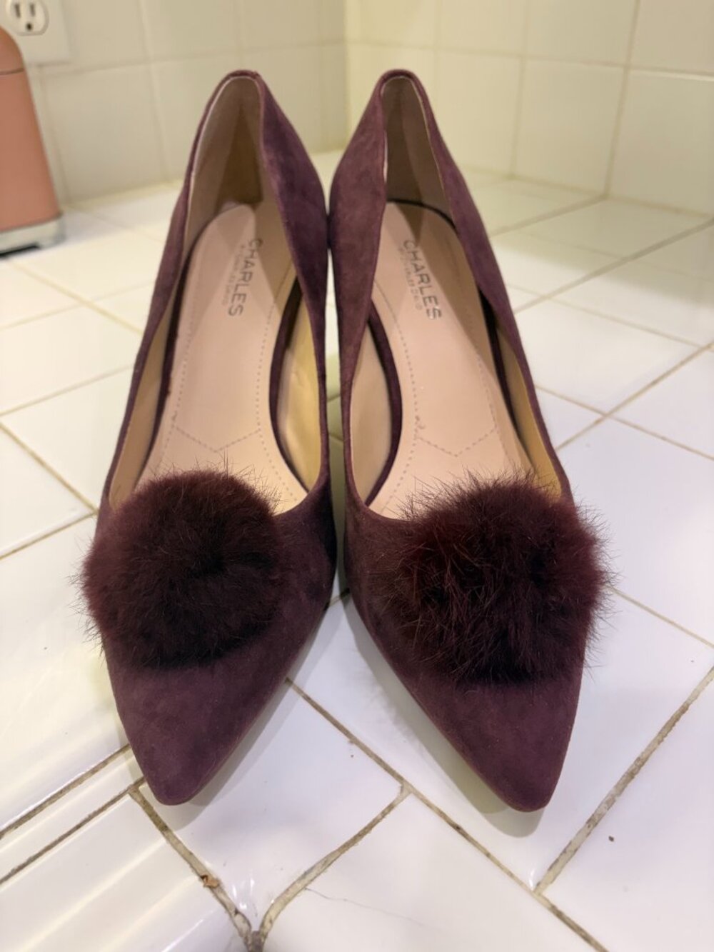Plum Suede Pumps with Fur Pom Poms